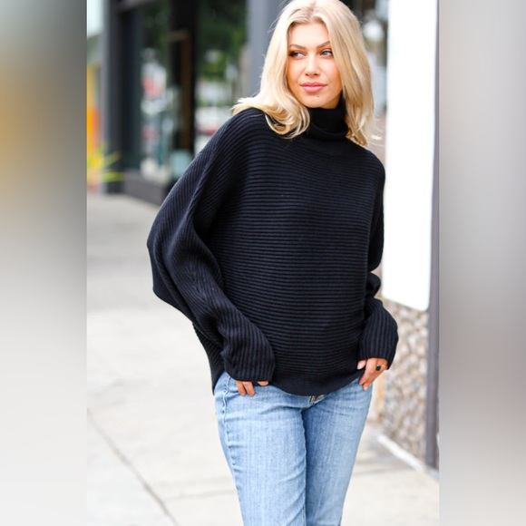 Black Dolman Ribbed Turtle Neck Boutique Sweater, Relaxed Fit, size Small - Picture 6 of 6